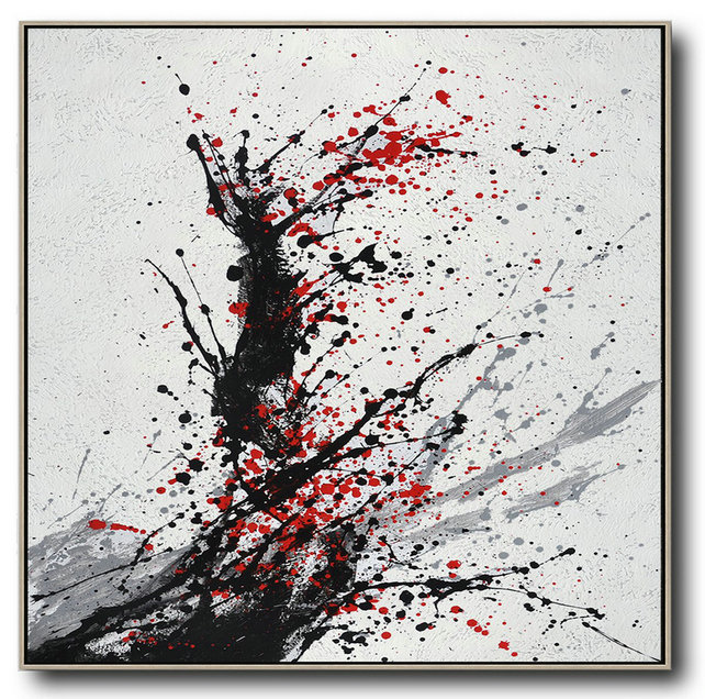 Handmade Painting Large Abstract Art,Minimalist Drip Painting On Canvas, Black, White, Grey, Red,Abstract Oil Painting #V2U3